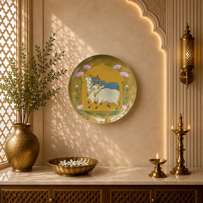 Indian Heritage Series ceramic wall plate with Pichwai-inspired sacred cows framed by an elegant architectural arch.