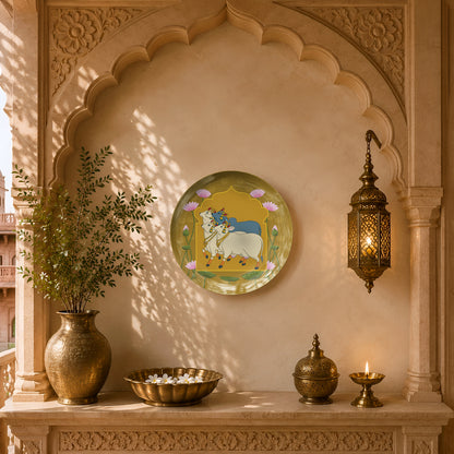 Ready-to-display ceramic wall plate showcasing Pichwai-inspired sacred cows beneath a golden heritage arch.