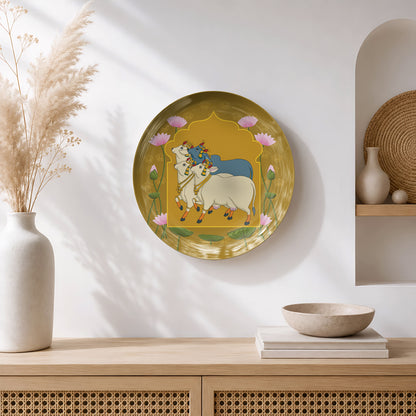 Luxury ceramic wall plate inspired by traditional Indian devotional art featuring two ornamented sacred cows.