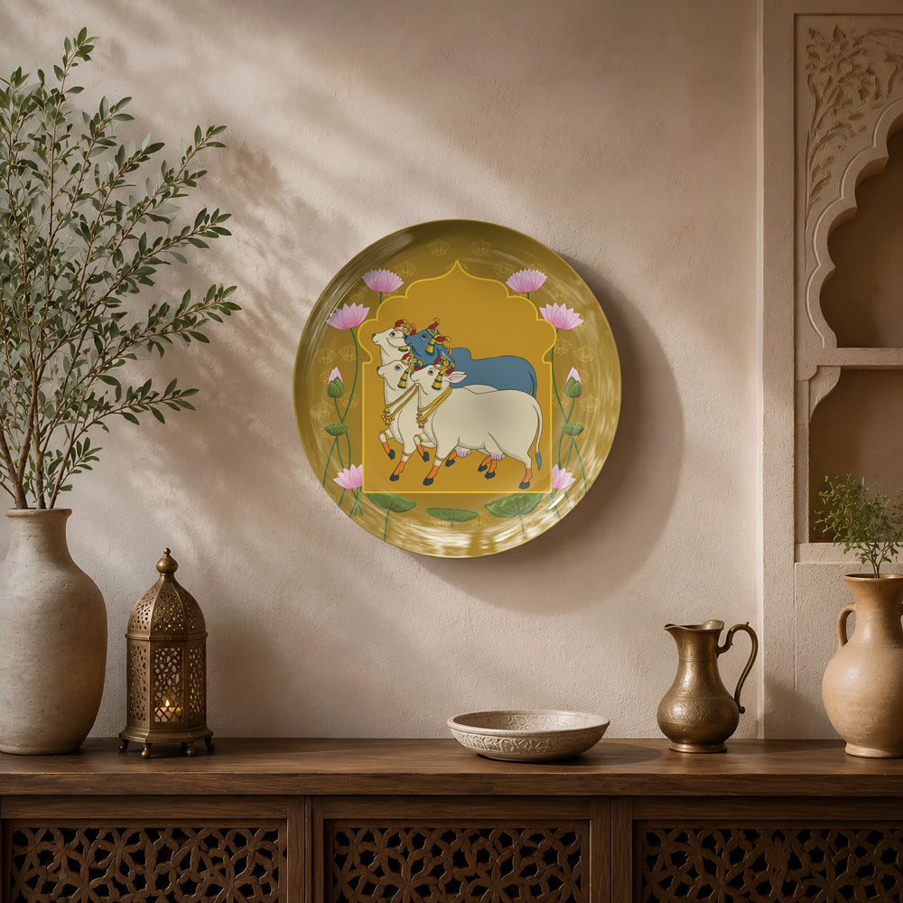 Premium ceramic wall plate showcasing sacred cows surrounded by blooming lotus flowers in traditional Indian artwork.