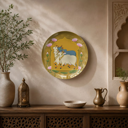 Premium ceramic wall plate showcasing sacred cows surrounded by blooming lotus flowers in traditional Indian artwork.