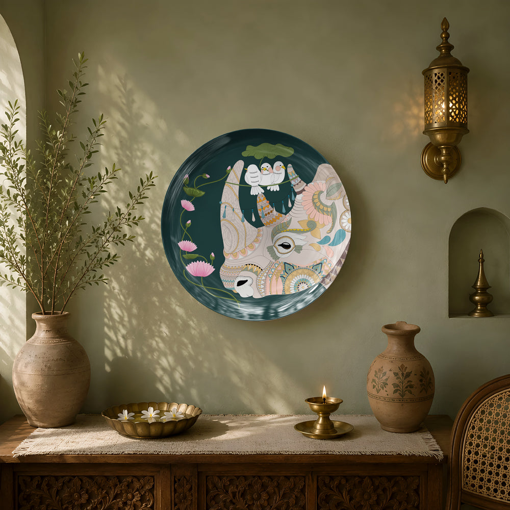 Premium glossy ceramic wall décor celebrating Indian heritage with sacred cow and elegant floral artwork.