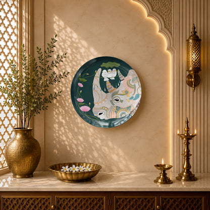 Indian Heritage Series ceramic wall plate featuring a sacred cow surrounded by floral patterns and peaceful white birds.