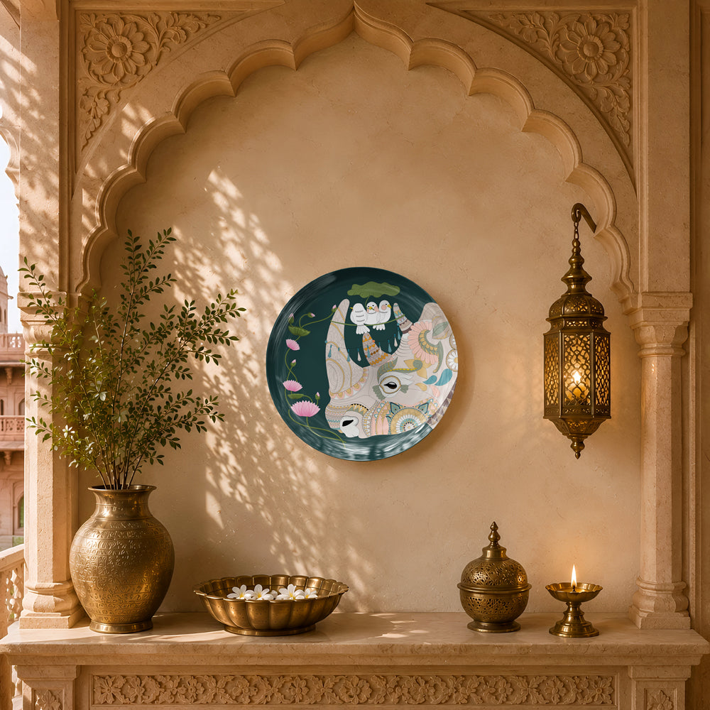 Ready-to-display ceramic wall plate showcasing traditional Indian-inspired sacred cow artwork with intricate decorative details.
