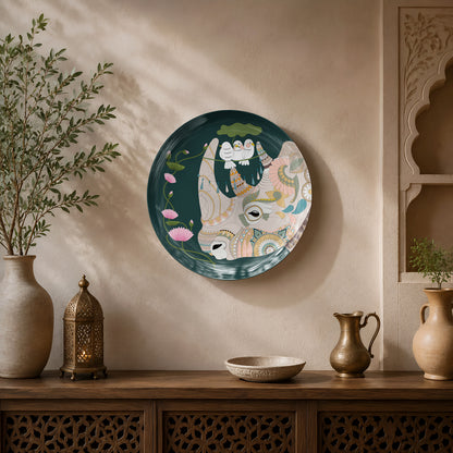 Premium ceramic wall plate showcasing an ornamented sacred cow beneath a tree with lotus blooms and perched birds.