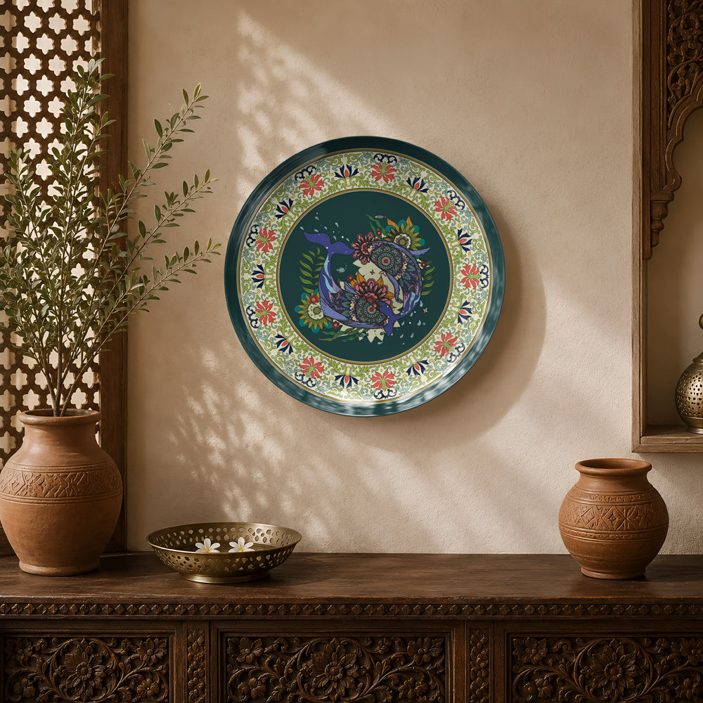 Floral Harmony ceramic wall plate featuring intricate botanical motifs inspired by Indian decorative art.