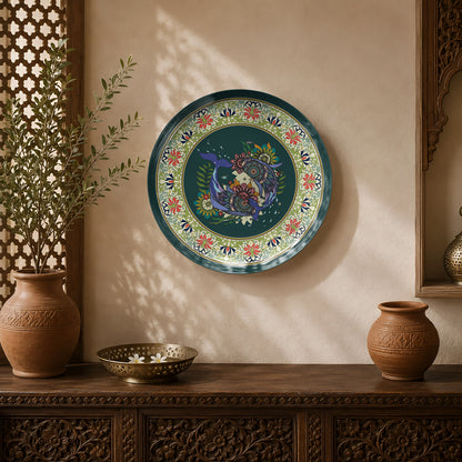 Floral Harmony ceramic wall plate featuring intricate botanical motifs inspired by Indian decorative art.