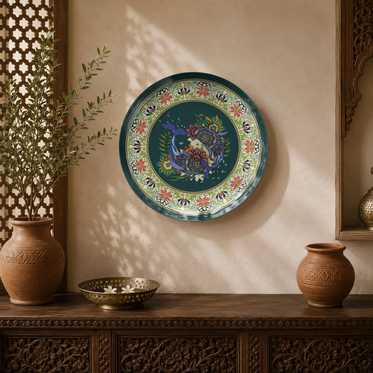 Floral Harmony ceramic wall plate featuring intricate botanical motifs inspired by Indian decorative art.