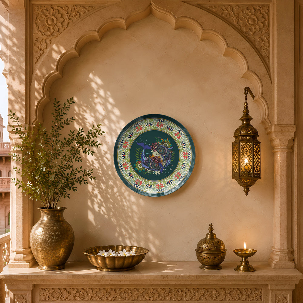 Premium glossy ceramic wall décor featuring ornamental floral artwork in rich emerald and ivory tones.