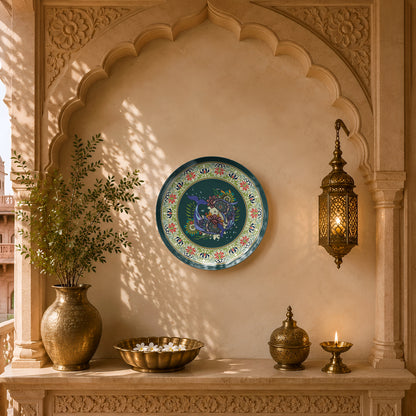 Premium glossy ceramic wall décor featuring ornamental floral artwork in rich emerald and ivory tones.