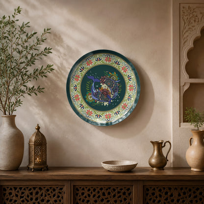 Ready-to-display ceramic wall plate featuring symmetrical floral patterns inspired by traditional Indian art.