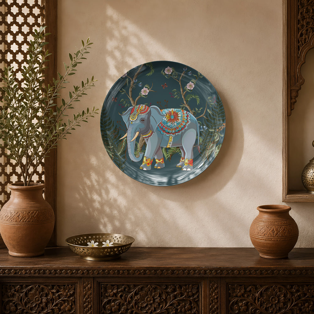 Regal Elephant ceramic wall plate featuring an ornately decorated elephant inspired by Indian royal heritage.