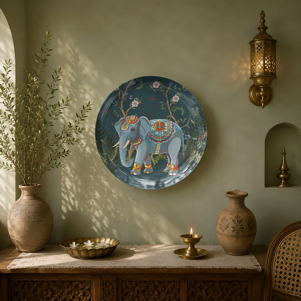Premium glossy ceramic wall décor featuring a beautifully ornamented elephant and forest-inspired background.