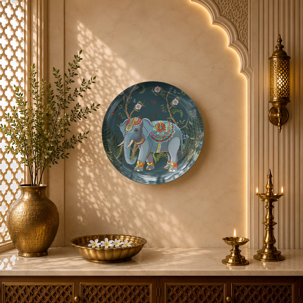 Indian Heritage Series ceramic wall plate featuring a regal elephant surrounded by lush botanical motifs.