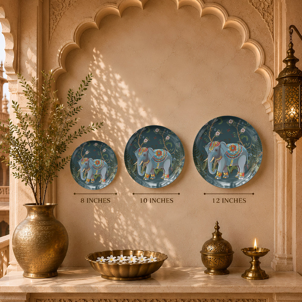 Decorative ceramic wall plate inspired by Indian palace art with an elegant adorned elephant.