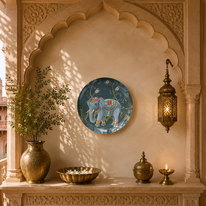 Ready-to-display ceramic wall plate featuring a heritage-inspired elephant with vibrant ornamental patterns.