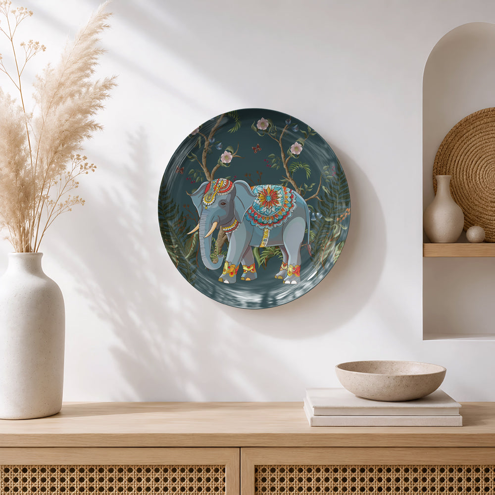 Luxury ceramic wall plate celebrating India's royal elephants through intricate artistic detailing.