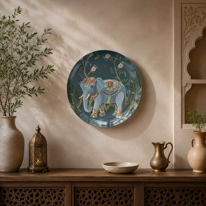 Premium ceramic wall plate showcasing a majestic elephant with traditional Indian decorative artwork.