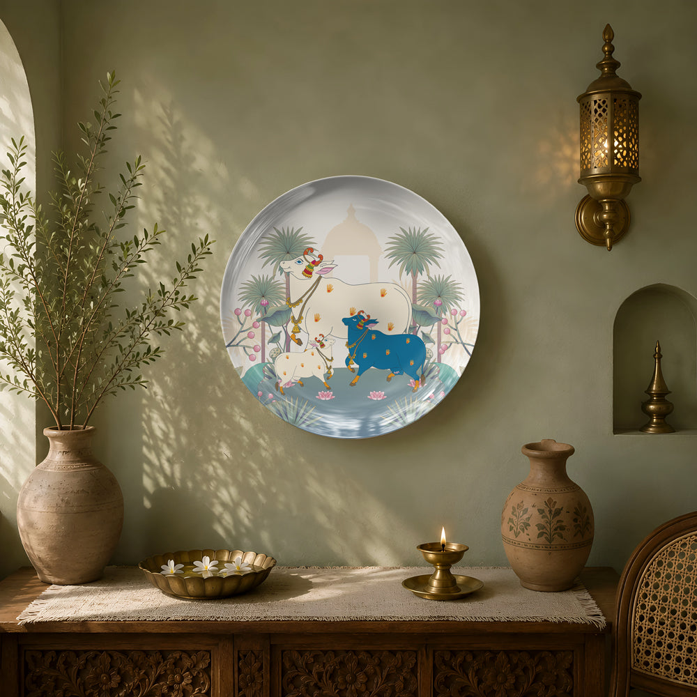 Premium ceramic wall plate inspired by traditional Pichwai art with sacred cows, lotus blooms and tranquil scenery.