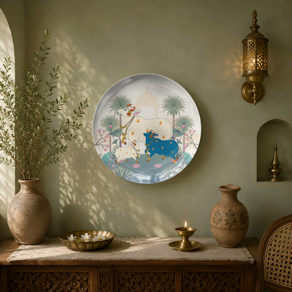 Premium ceramic wall plate inspired by traditional Pichwai art with sacred cows, lotus blooms and tranquil scenery.