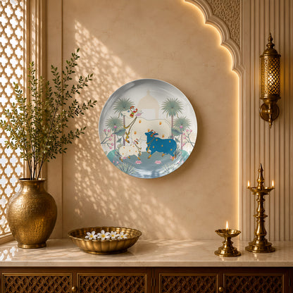 Indian Heritage Series ceramic wall plate showcasing sacred cows, lotus flowers and heritage-inspired architecture.