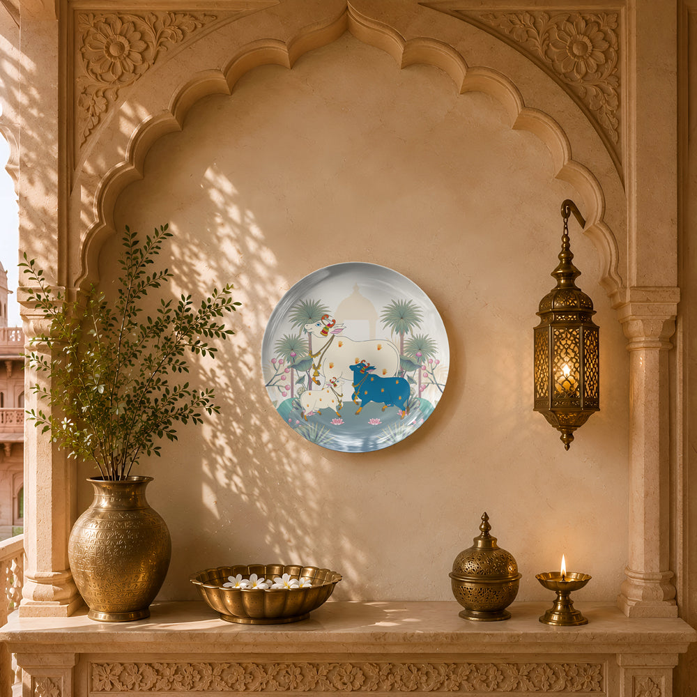 Premium glossy ceramic wall décor celebrating India's spiritual heritage with sacred cows and lotus motifs.