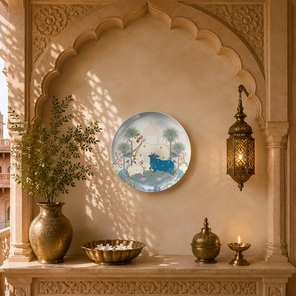 Premium glossy ceramic wall décor celebrating India's spiritual heritage with sacred cows and lotus motifs.