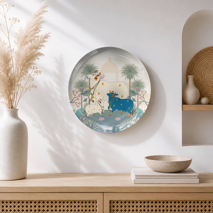 Ready-to-display ceramic wall plate inspired by Pichwai paintings featuring sacred cows and blooming lotus flowers.