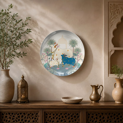 Luxury ceramic wall plate showcasing sacred cows, lotus ponds and timeless Indian heritage-inspired artwork.