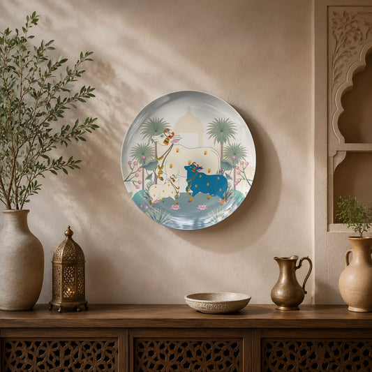 Luxury ceramic wall plate showcasing sacred cows, lotus ponds and timeless Indian heritage-inspired artwork.