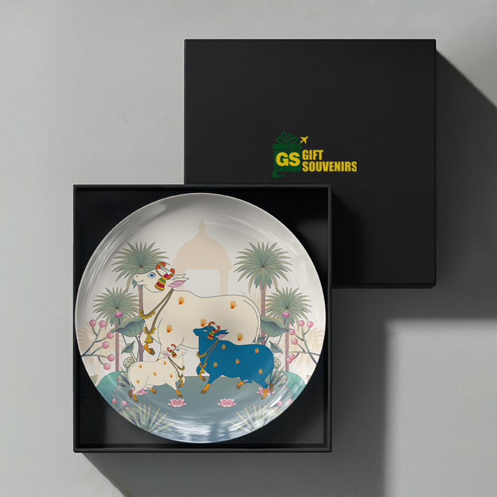 Lotus Blessings premium ceramic wall plate inspired by traditional Pichwai art and India's sacred pastoral landscapes.