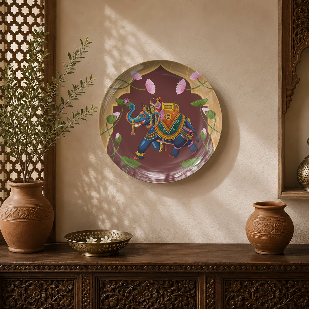 Royal Procession ceramic wall plate featuring a decorated royal elephant inspired by traditional Pichwai art.
