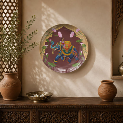Royal Procession ceramic wall plate featuring a decorated royal elephant inspired by traditional Pichwai art.