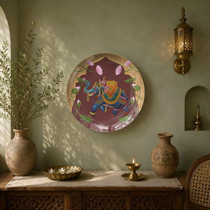 Premium glossy ceramic wall décor featuring a majestic elephant surrounded by lotus blooms.