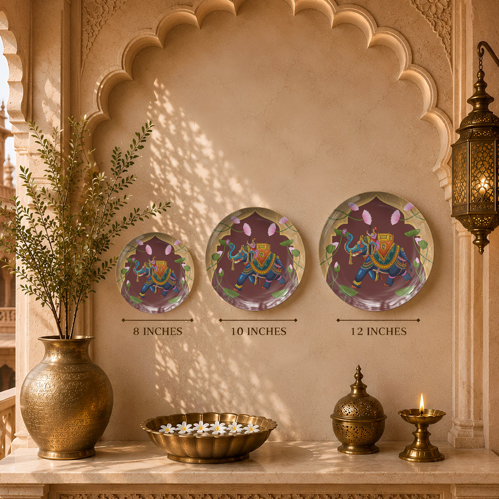 Decorative ceramic wall plate inspired by Indian royal processions and traditional miniature art.