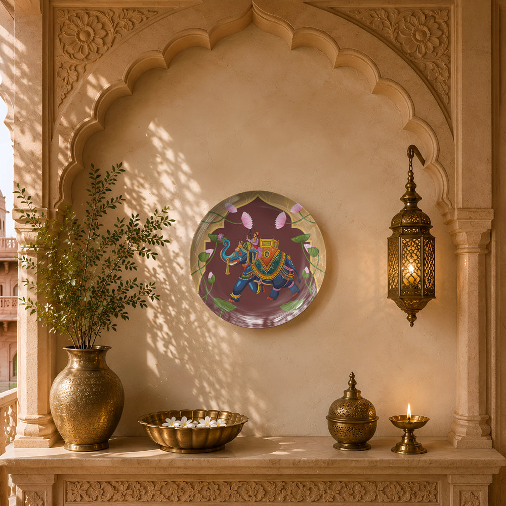 Luxury ceramic wall plate inspired by Pichwai and royal Indian art featuring a ceremonial elephant.