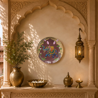 Luxury ceramic wall plate inspired by Pichwai and royal Indian art featuring a ceremonial elephant.