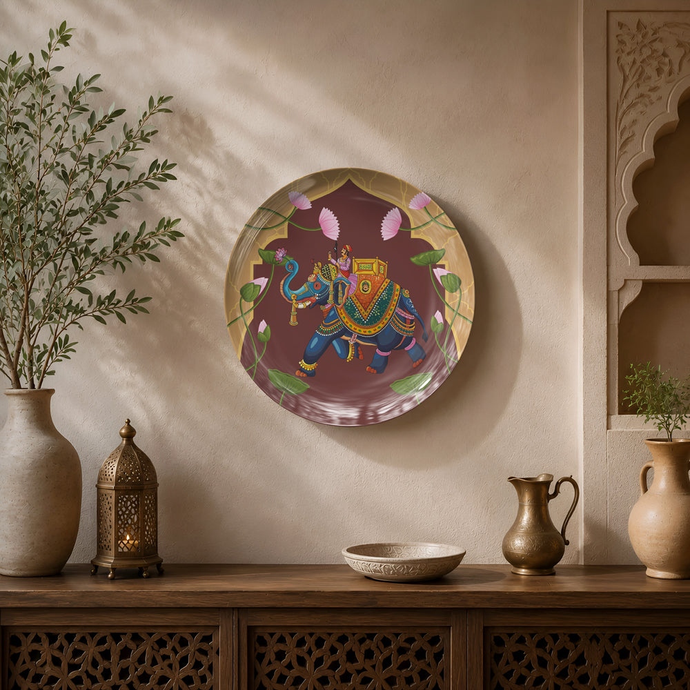 Premium ceramic wall plate with an ornate Indian elephant beneath a palace arch and lotus flowers.