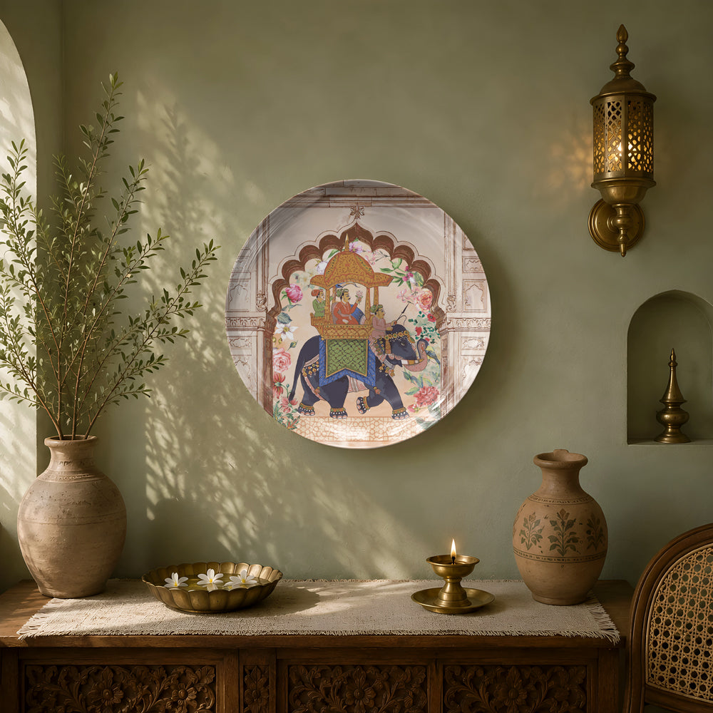 Premium glossy ceramic wall décor celebrating India's royal heritage with an ornate ceremonial elephant.