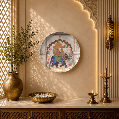 Indian Heritage Series ceramic wall plate showcasing a regal elephant beneath carved palace arches.