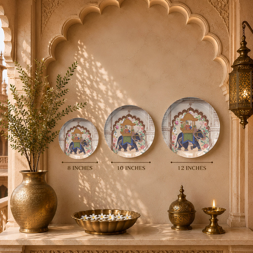 Decorative ceramic wall plate featuring a royal howdah, floral motifs and traditional Indian artwork.