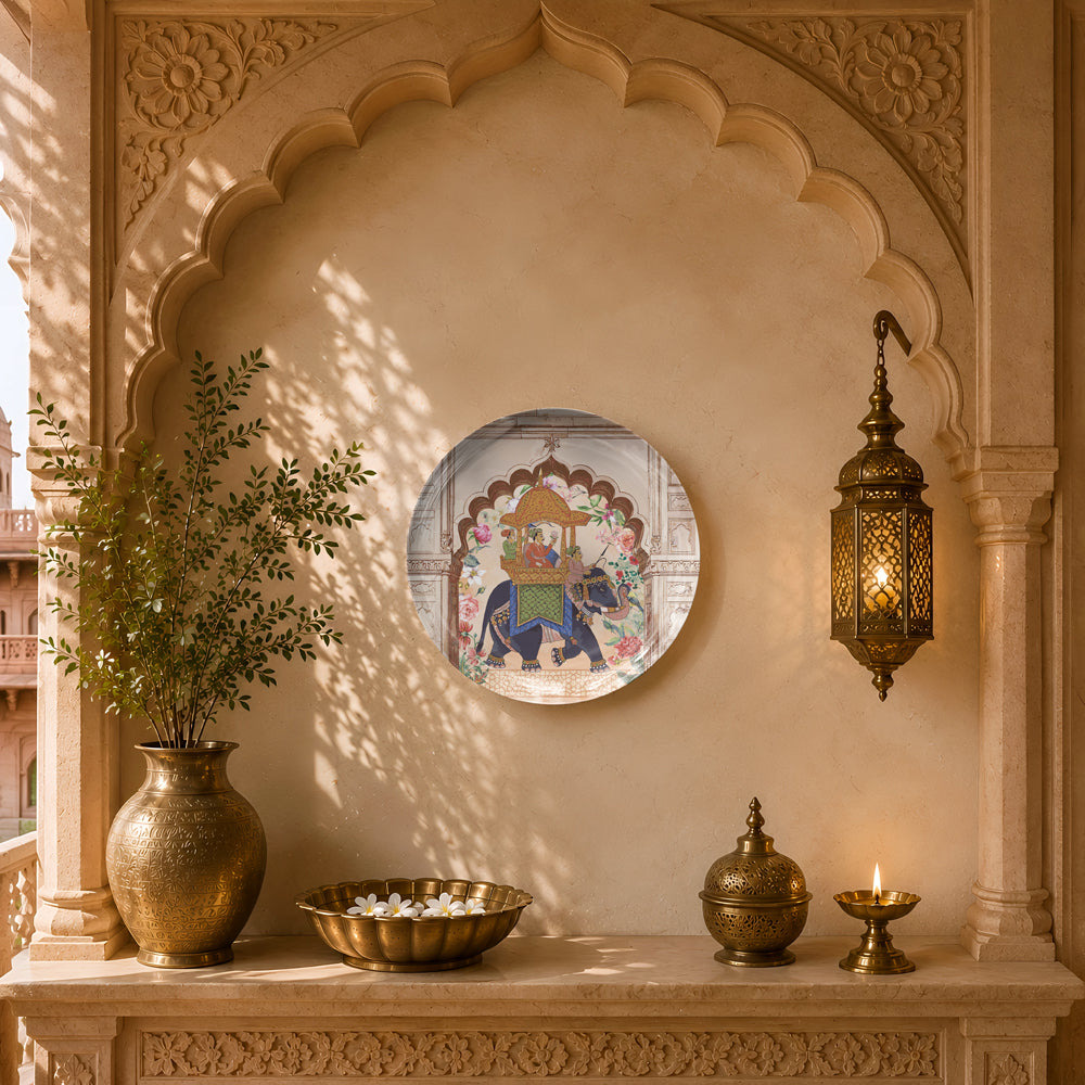 Luxury ceramic wall plate inspired by Pichwai and Rajput miniature art with a ceremonial elephant.