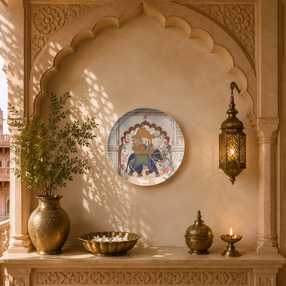 Luxury ceramic wall plate inspired by Pichwai and Rajput miniature art with a ceremonial elephant.