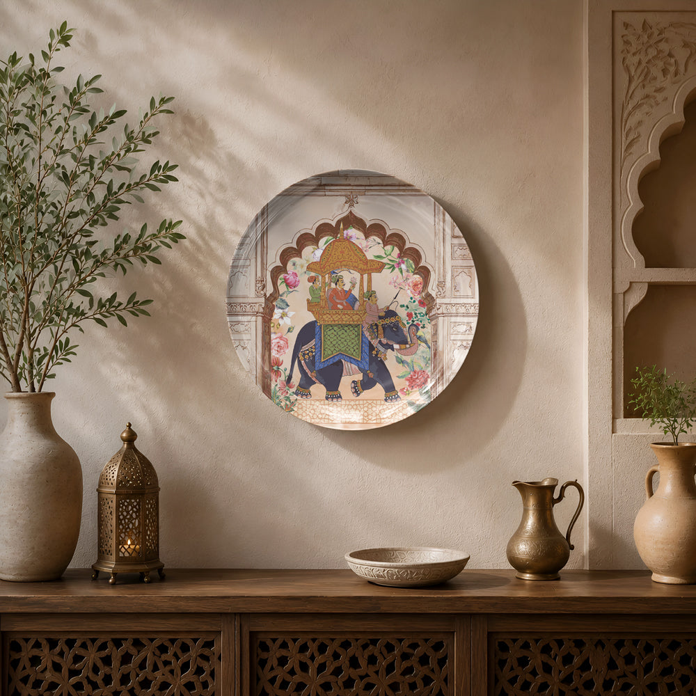 Premium ceramic wall plate inspired by Indian miniature paintings with a royal elephant procession.