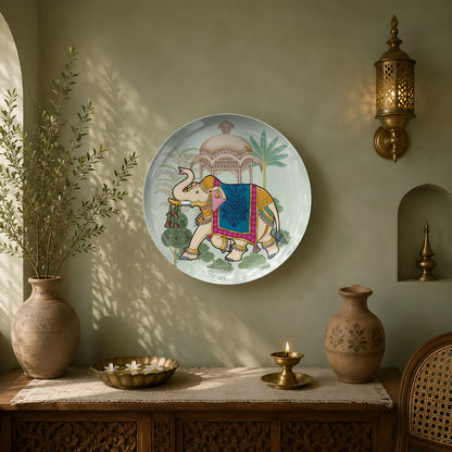 Premium glossy ceramic wall décor celebrating India's royal elephant traditions and palace gardens.