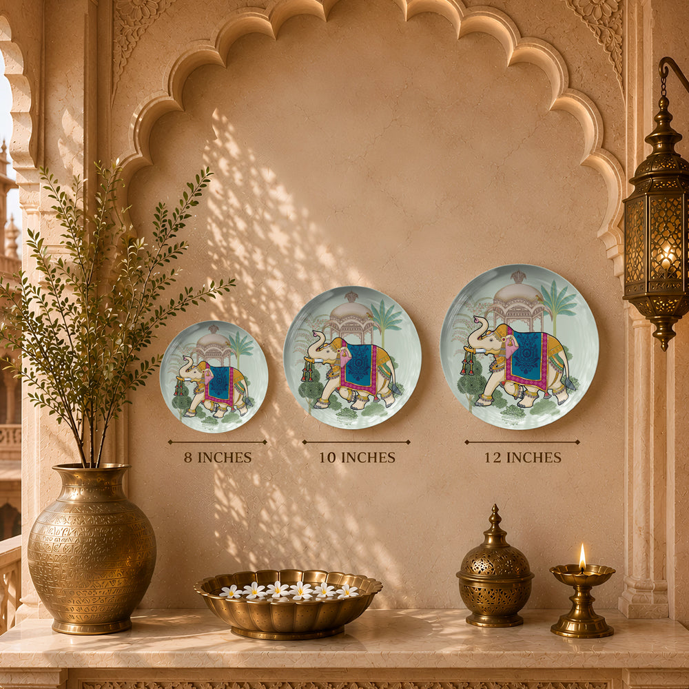 Decorative ceramic wall plate featuring a ceremonial elephant with intricate Indian heritage artwork.