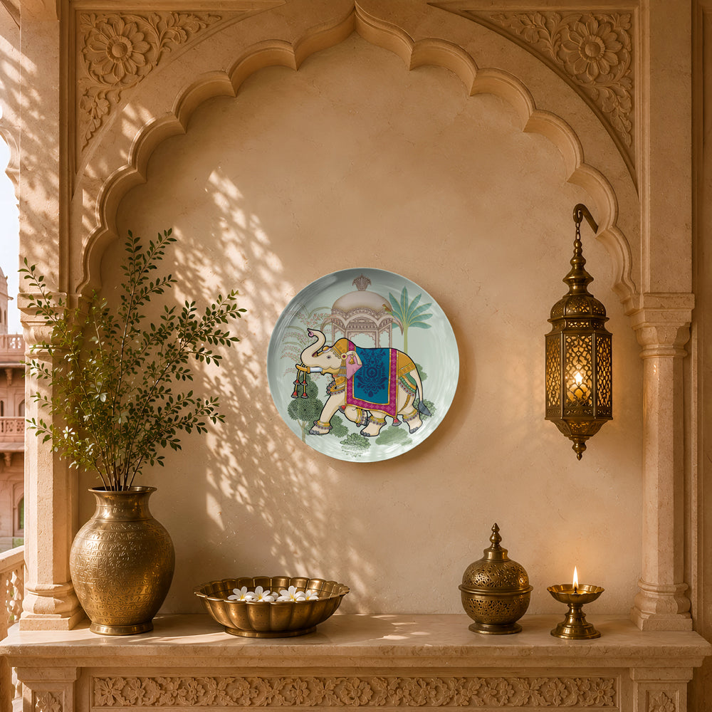 Luxury ceramic wall plate inspired by Indian royal court art featuring a ceremonial elephant.