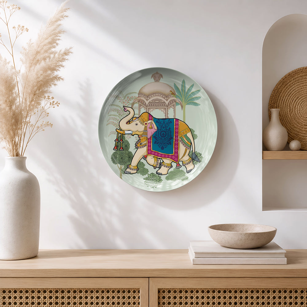 Ready-to-display ceramic wall plate with an elegantly decorated elephant and heritage-inspired palace backdrop.