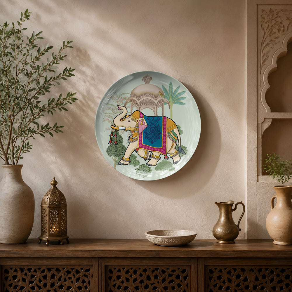 Premium ceramic wall plate inspired by Indian miniature paintings with an ornate palace elephant.