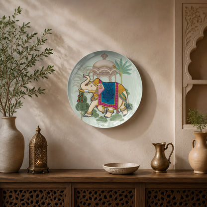 Premium ceramic wall plate inspired by Indian miniature paintings with an ornate palace elephant.